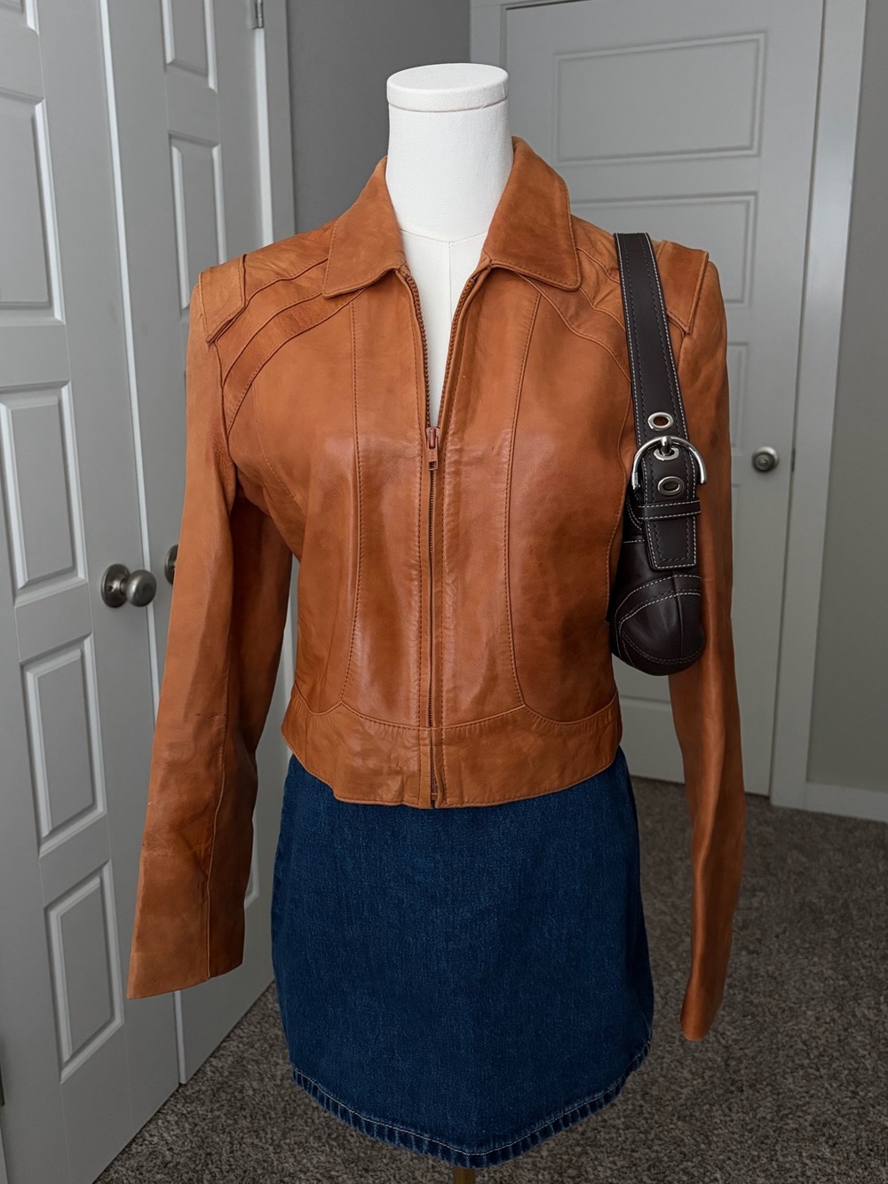 Women’s Tan Leather Zip-Front Jacket